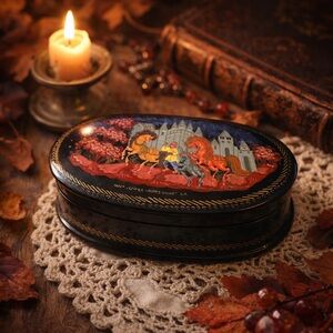 Vintage Russian Palekh Lacquer Box Fairy Tale Konyok Gorbunok Hand Painted